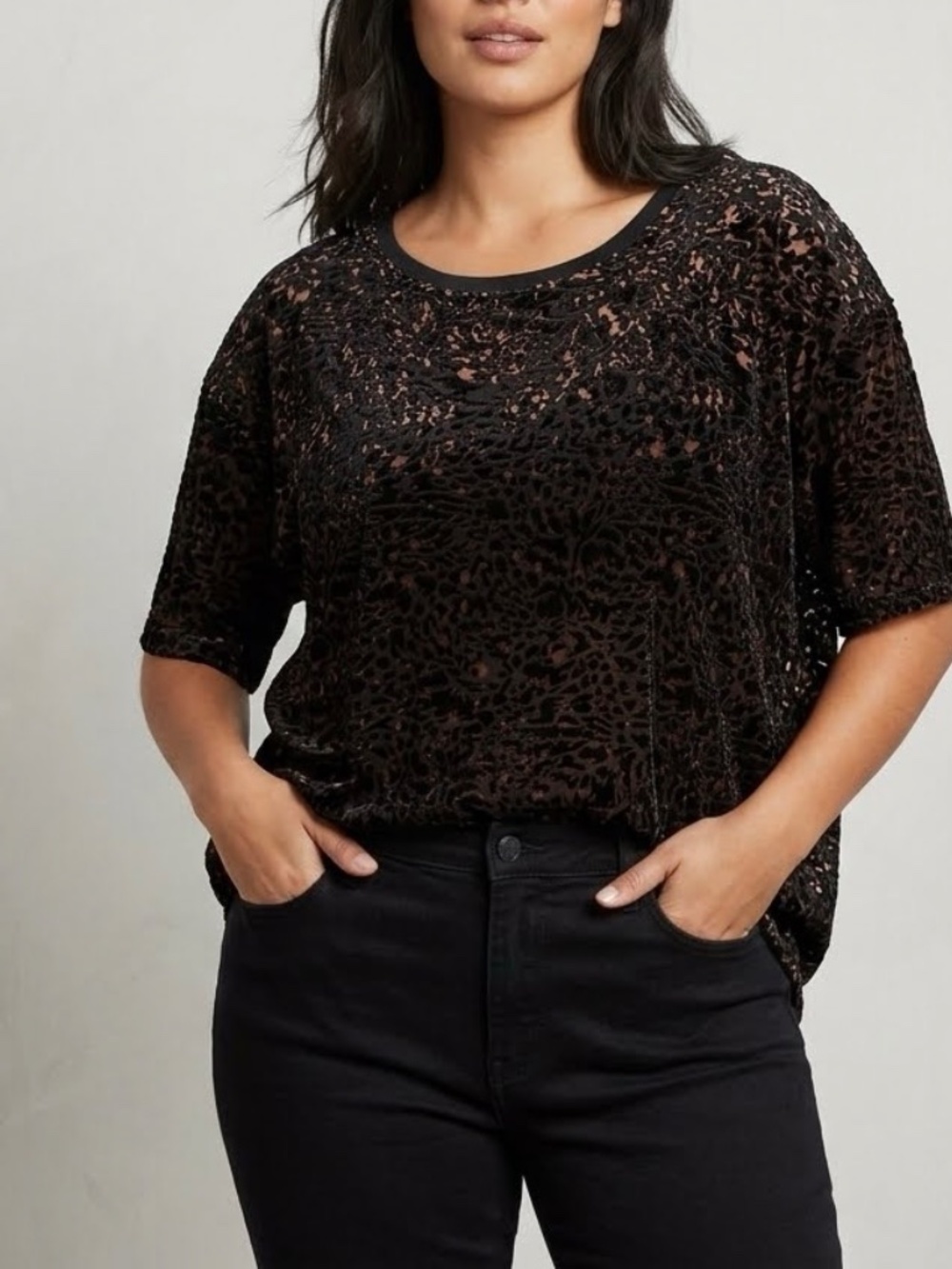 Free People We the Free Black Brown Velvet Burnout Sheer Cheetah Print Tee Sz XL